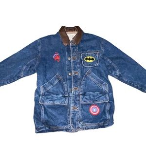 🌸Vintage‎ Ash Creek Trading Denim bomber jacket with lining & Superhero pa…